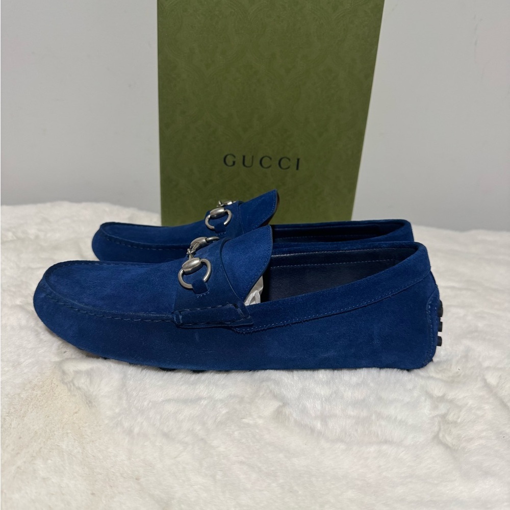 Gucci Men's Navy Suede Horsebit Drivers - Picture 3 of 6